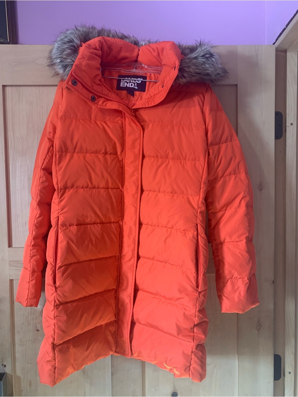 Lands' End Women's Long Down Puffer Coat with Removable Faux Fur-Lined Hood